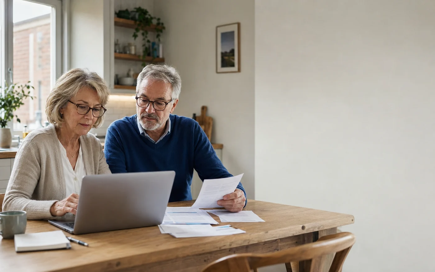 Un couple de seniors consulte des informations de pension sur un ordinateur